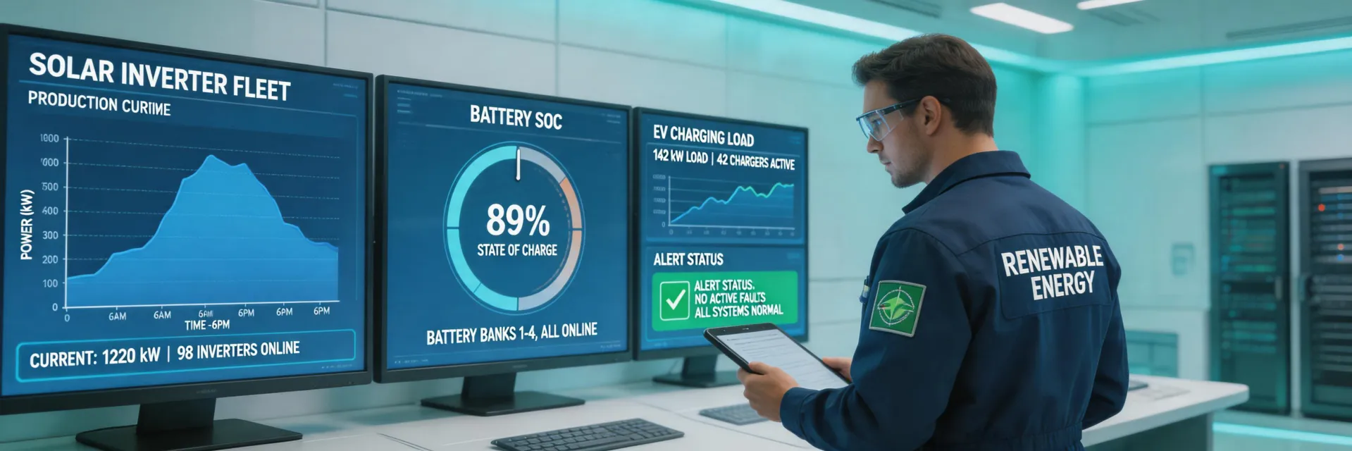 Solar engineer reviewing monitoring dashboard